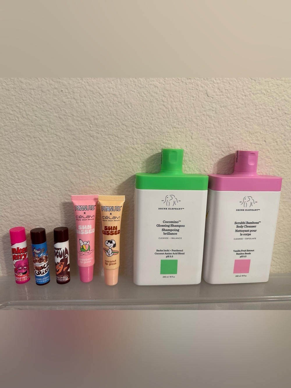Drunk Elephant Body Scrub , shampoo, 3 chapsticks, 2 celavi lipglosses